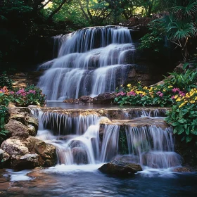 Waterfall with Lush Greenery and Floral Adornments
