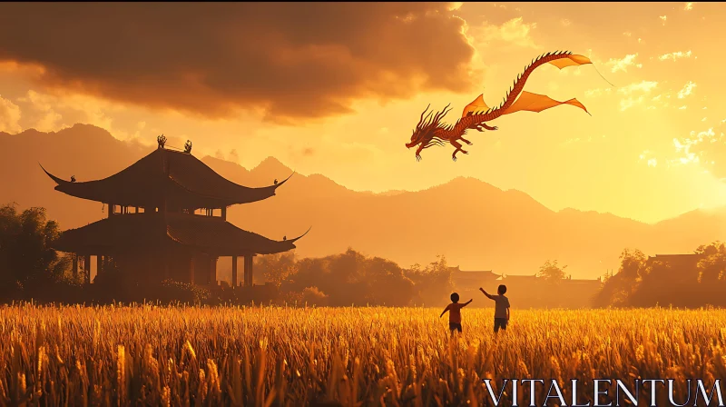 AI ART Children's Sunset Flight with Dragon Kite