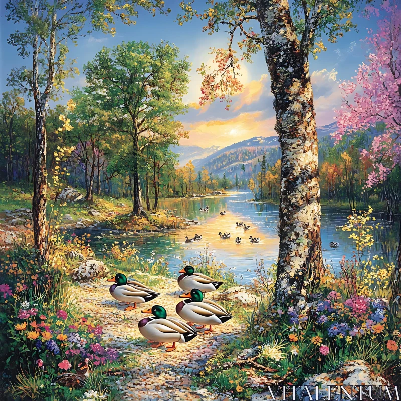 Peaceful Ducks by a Lake During Sunset AI Image