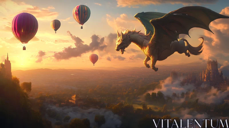 Fantasy Dragon and Balloons Landscape AI Image