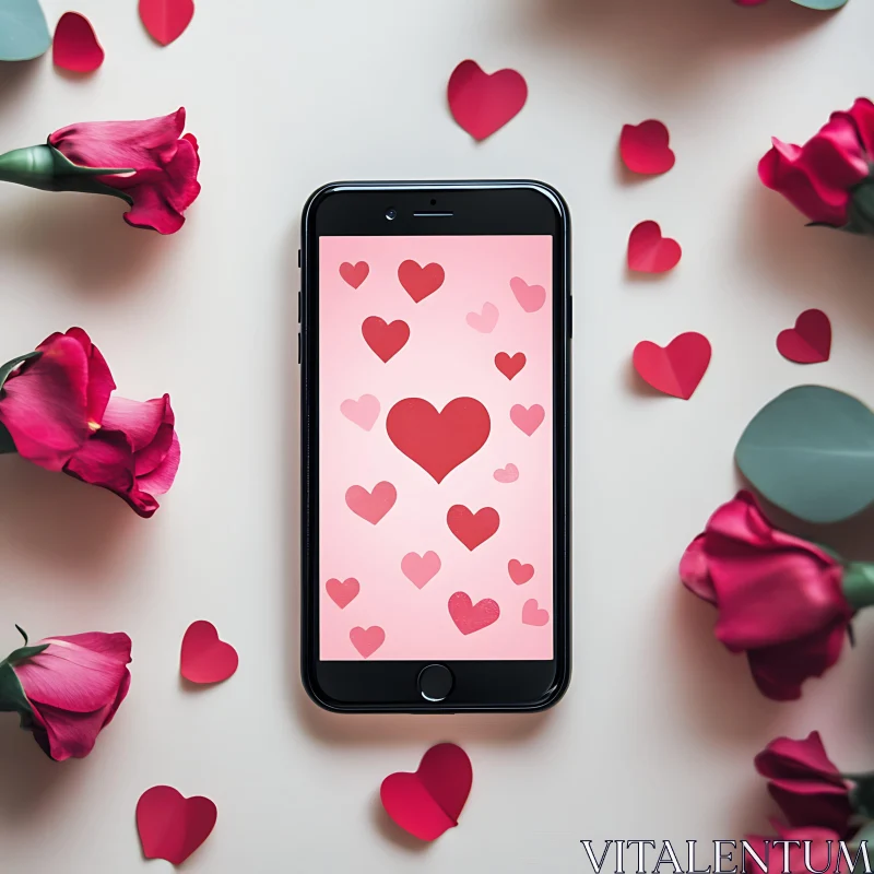 Mobile Love: Hearts and Roses Still Life AI Image