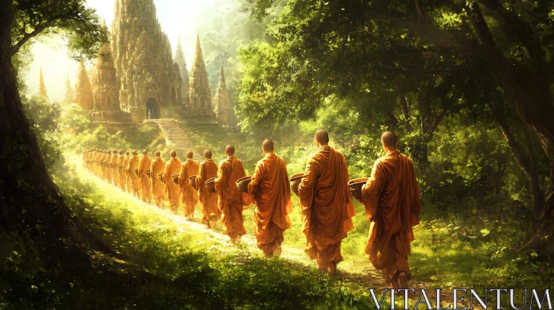 Procession of Monks Through Verdant Forest AI Image