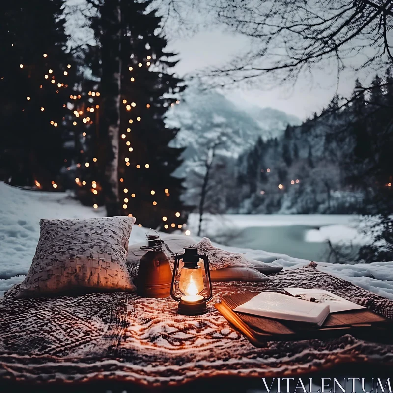 Tranquil Snowy Landscape with Lantern and Cozy Setup AI Image