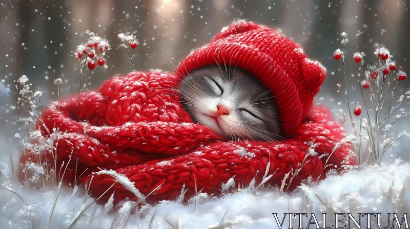 Snug Cat in Snow with Red Scarf and Hat AI Image