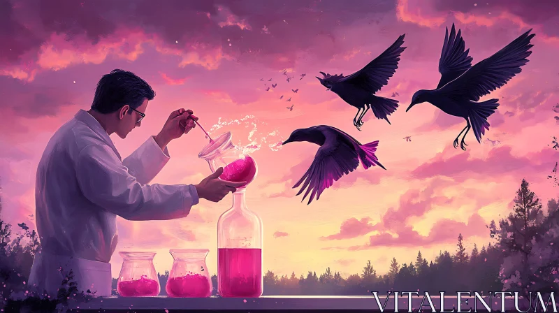 AI ART Pink Potion and Crows at Sunset