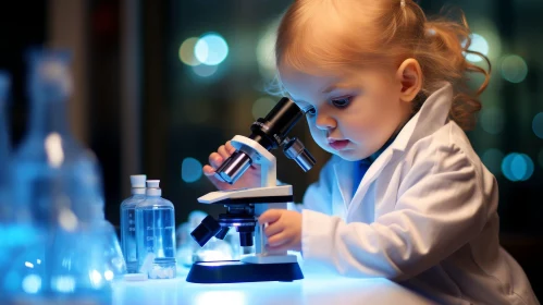 Captivating Image of a Toddler Exploring the Microscopic World in a Lab