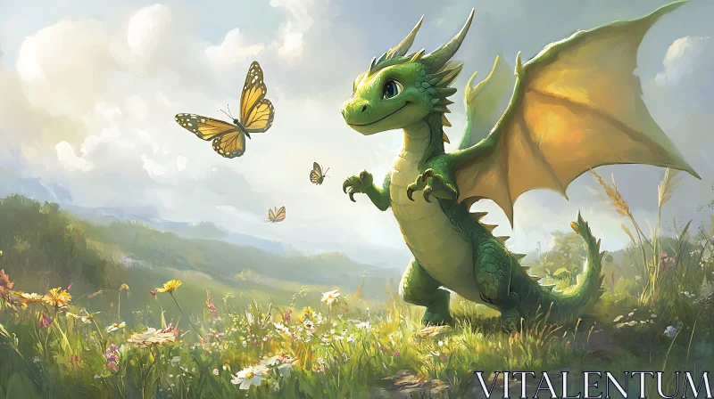 AI ART Green Dragon with Butterflies Art