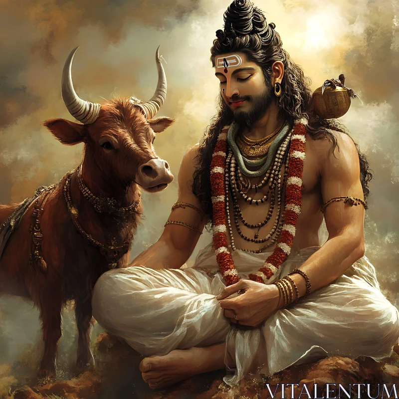 Meditative Deity and Bull Illustration AI Image