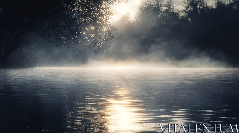 AI ART Foggy Sunrise with Tranquil Lake Reflection