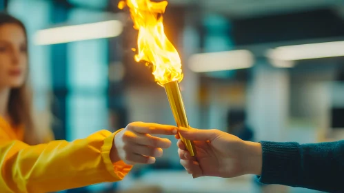 Two Hands Passing a Lit Golden Torch