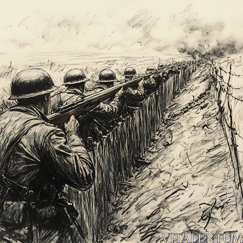 Monochrome Trench Warfare Scene AI Image