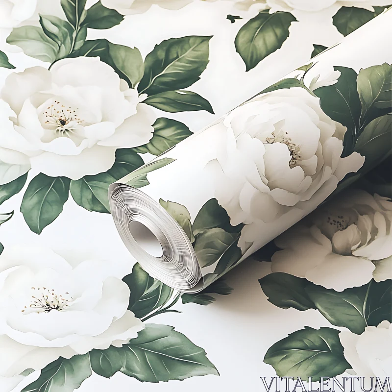 White Flower Wallpaper with Green Leaf Pattern AI Image