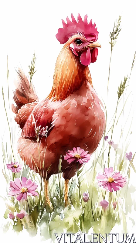 Chicken Among Cosmos in Art AI Image