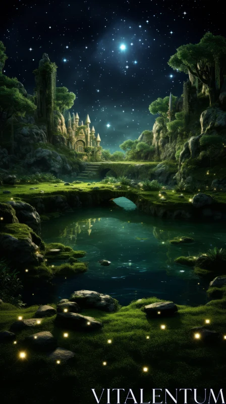 Enchanting Fantasy Forest Scene with Grandiose Ruins and Ethereal Lights AI Image