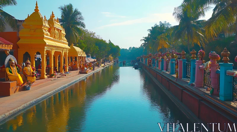 Ornate Temple by Canal AI Image