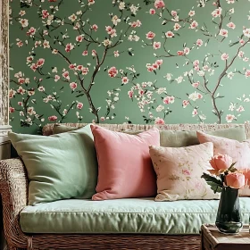 Elegant Living Room with Floral Wallpaper and Cozy Sofa