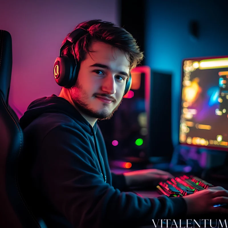 Young Man Gaming with RGB Lighting AI Image