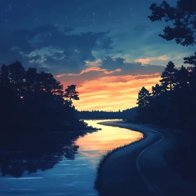 Calm River Sunset Road Scene