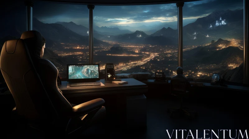 AI ART Futuristic Office at Night: A Captivating Image of a Man's Desk with a City View and a Computer