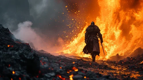 Knight in Armor Confronts Volcanic Peril - A Captivating Image