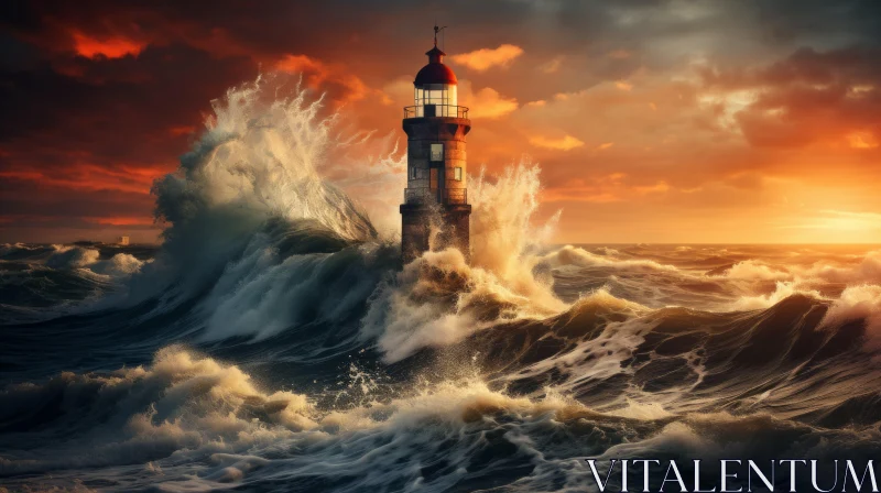 Lighthouse Amidst Stormy Ocean Waves at Sunset AI Image