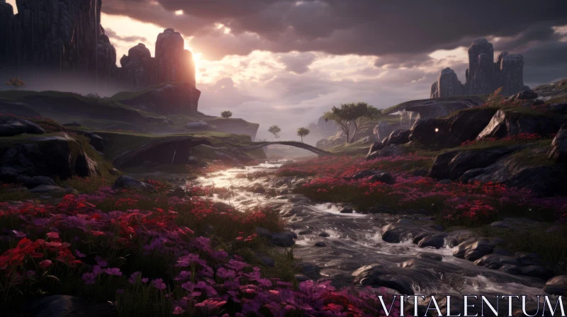 Mountain and Flower Game Scene in Moody Lighting AI Image