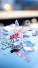 Pink Dragonfly on Water Droplet - A Blend of Photorealism and Urban Fairy Tale