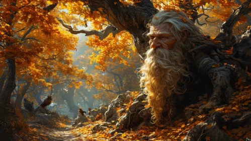 Serene Painting of an Old Man in a Forest with Fallen Leaves