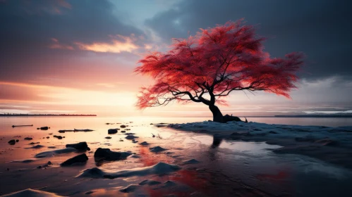 Stunning Sunset Landscape with Red Tree