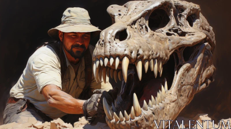 Transfixing Dinosaur Skull Carving in Intense Close-Up AI Image