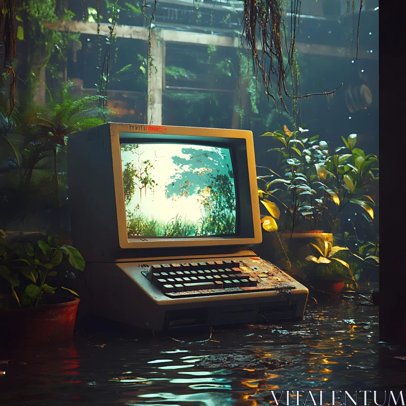 Nature Reclaims Old Computer in Flooded Space AI Image