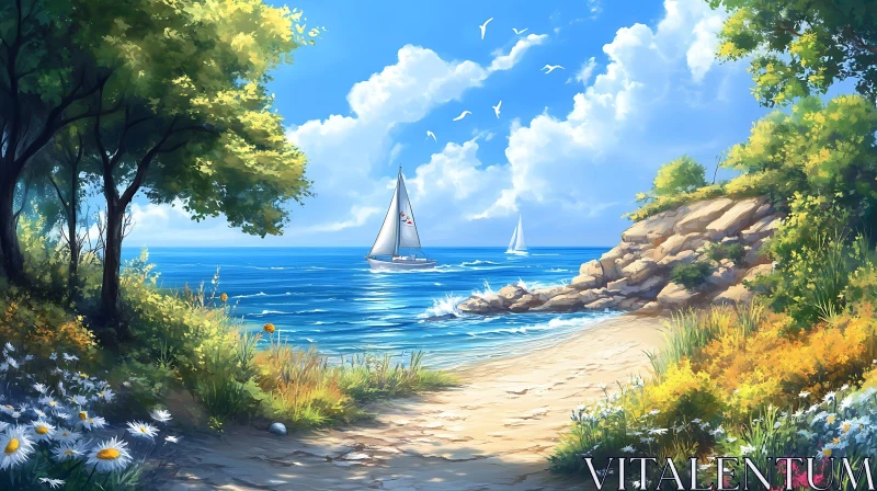 AI ART Tranquil Seascape with Sailboats and Wildflowers
