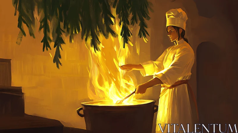 AI ART Culinary Art: Chef and Fiery Cauldron