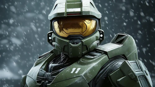 Green Armored Character in Snowfall