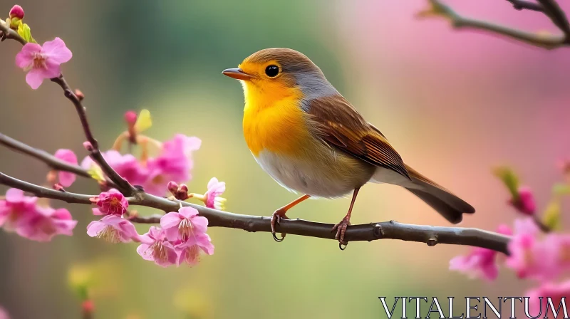 Bird on Branch with Pink Blossoms AI Image