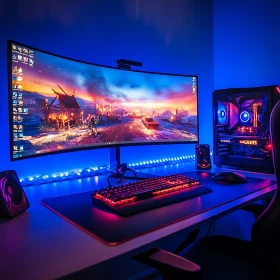 High-Tech Gaming Desk with Colorful Ambiance