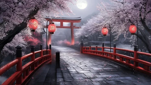 Cherry Blossoms and Lanterns at Night