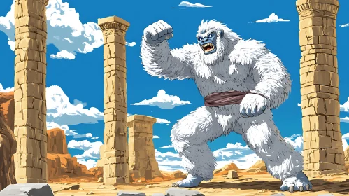 Cartoon Yeti in Ancient Desert Landscape