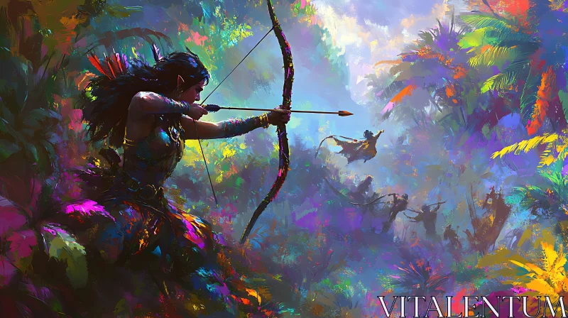 Elven Archer in Colorful Jungle Scene AI Image