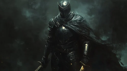 Armored Knight with Swords in Smoky Setting