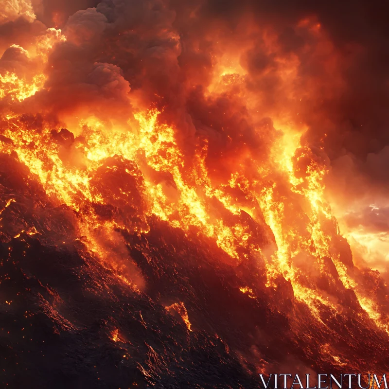 Volcano Eruption with Cascading Lava and Clouds of Smoke AI Image