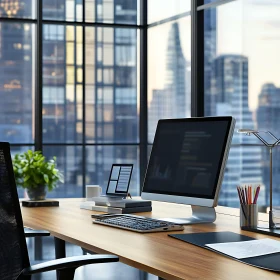 Contemporary Office Setup with Sunset Cityscape