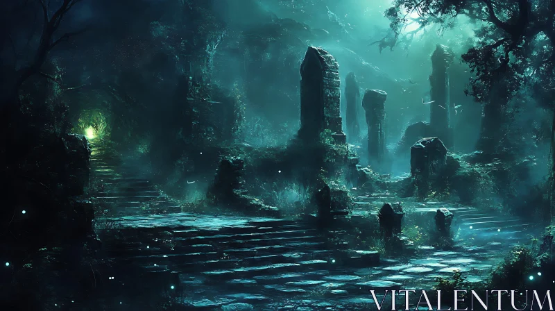 AI ART Ancient Ruins in Eerie Forest