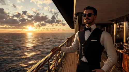 Sophisticated Man on Yacht with Sunset View