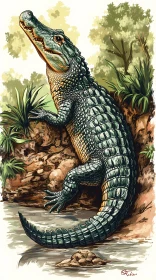 Crocodile Climbing Riverbank Art