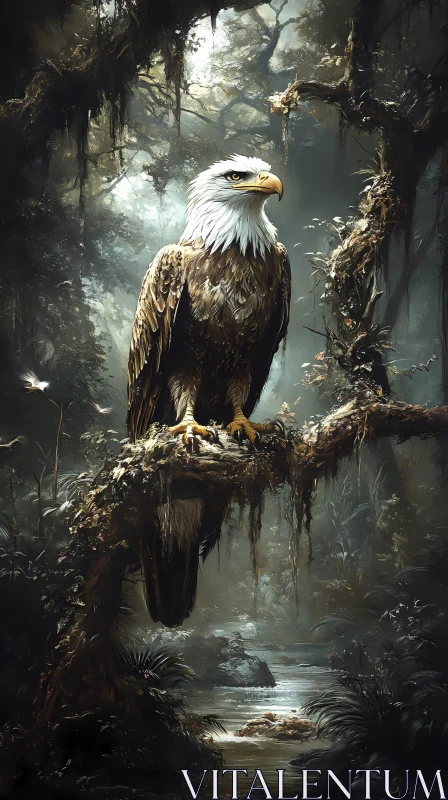 Eagle Perched in Enchanting Forest AI Image