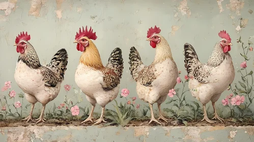 Chickens and Pastel Flowers