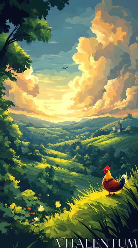 Rooster Overlooking Scenic Valley at Sunset AI Image