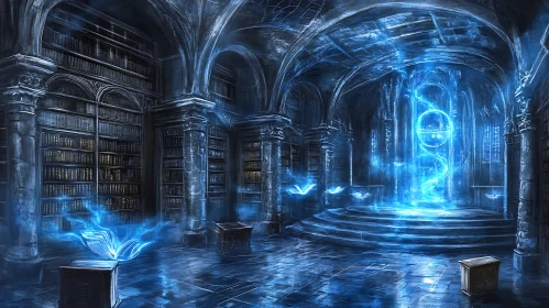 Mystical Library with Glowing Portal
