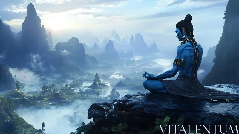 AI ART Blue Avatar in Mountain Meditation